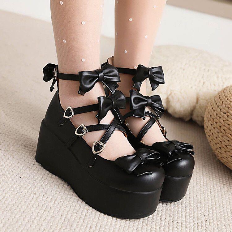 Japanese-Style Cute Bowknot Thick-Soled Platform Wedge High-Heeled Cross-Strap Lolita Tea Party Uniform Shoes