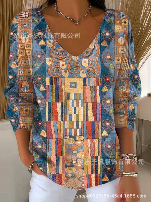欧美跨境独立站新款3D印花女士时尚渐变色V领长袖T恤上衣|undefined