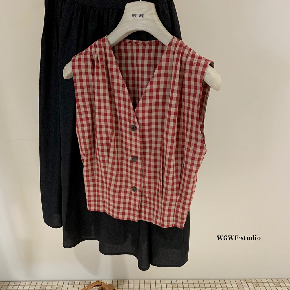 WGWE Vintage Chaleco a cuadros para mujer 2025 verano nuevo sentido del diseño chaleco sin mangas de pellizco francés camisa pequeña