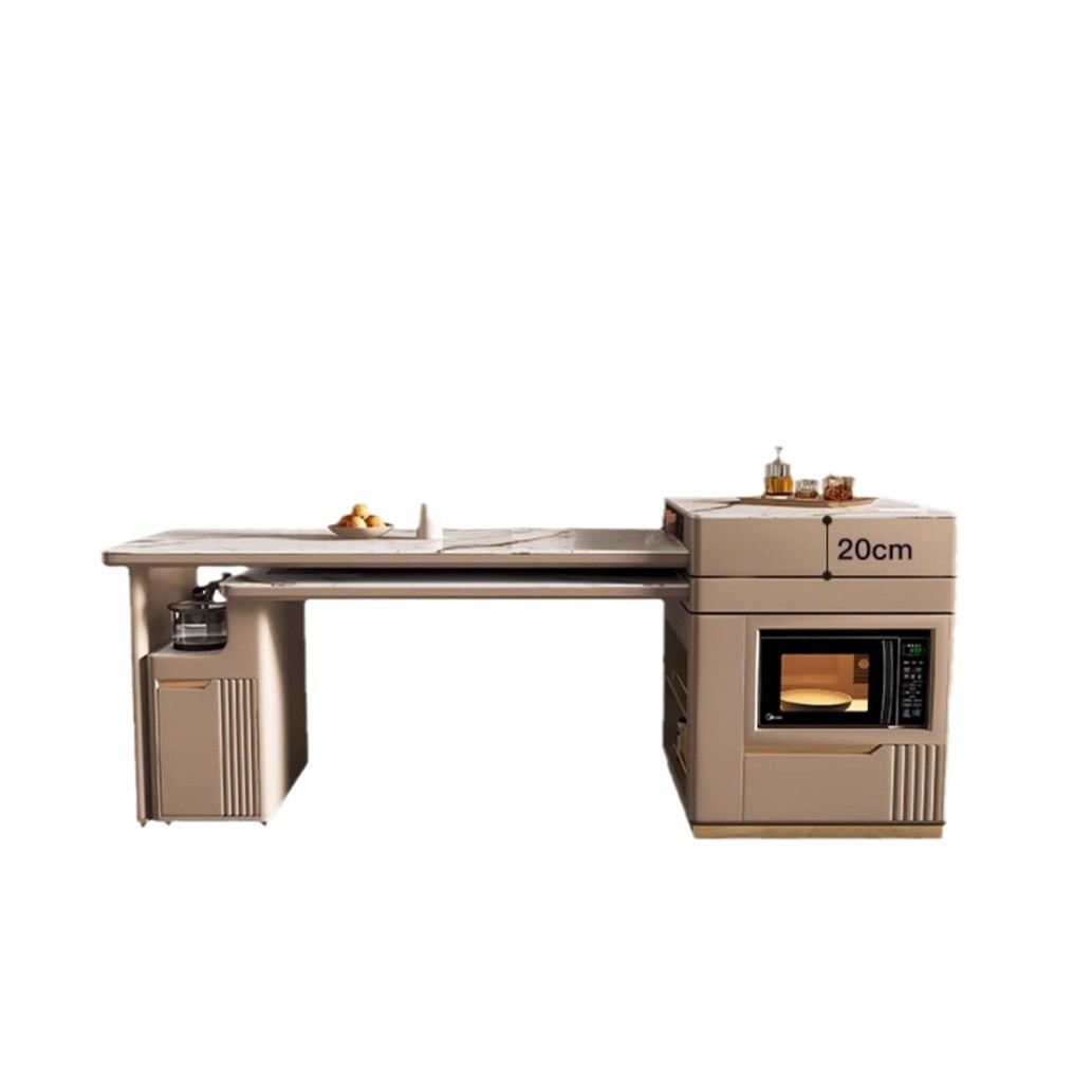 Mesa de mesa de isla de losa de lujo ligero, mesa de comedor, mesa de té giratoria retráctil integrada, mesa de té con cocina de inducción, barra de cocina, mesa de guía y mesa de comedor