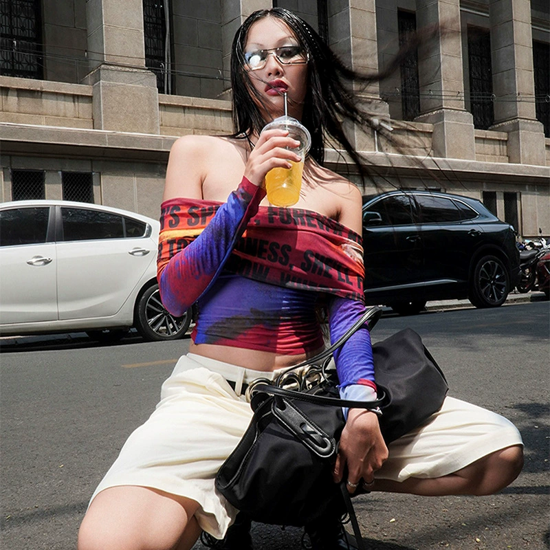 L168TP American Spice Girl 2024 осень новый стиль с длинным рукавом плеча тонкая модная короткая рубашка с принтом алфавита