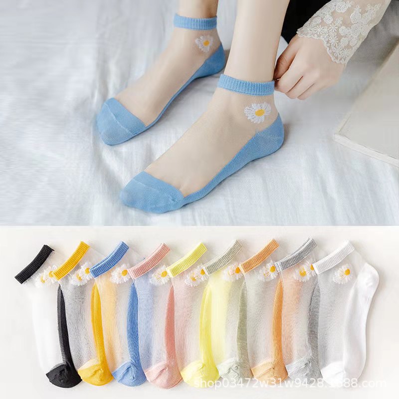 Spring and Summer new glass silk boat Socks Daisy shallow mouth transparent breathable wholesale mesh socks summer thin socks