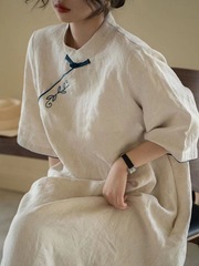 2025 春夏コットンとリネンのルーズレトロ刺繍新中国風改良チャイナドレス小さなスタンドカラー刺繍スカート