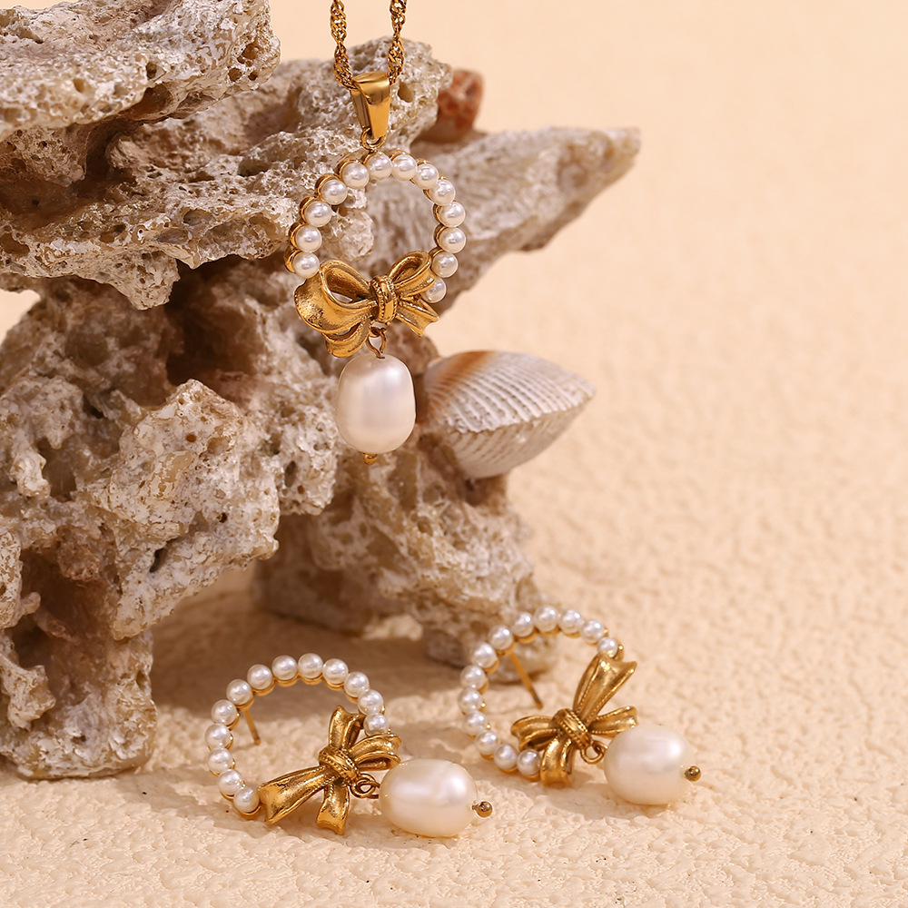 Fringe Pearl Bow Stainless Steel Necklace