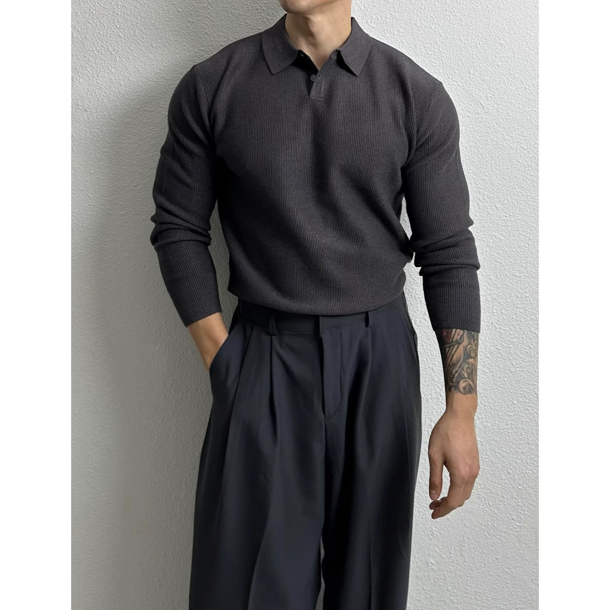 Oversized Polo Knit Sweater For Men – Business Casual Long Sleeve Pullover, Plus Size European Fit (Black/Beige/Gray)_viptrois.com