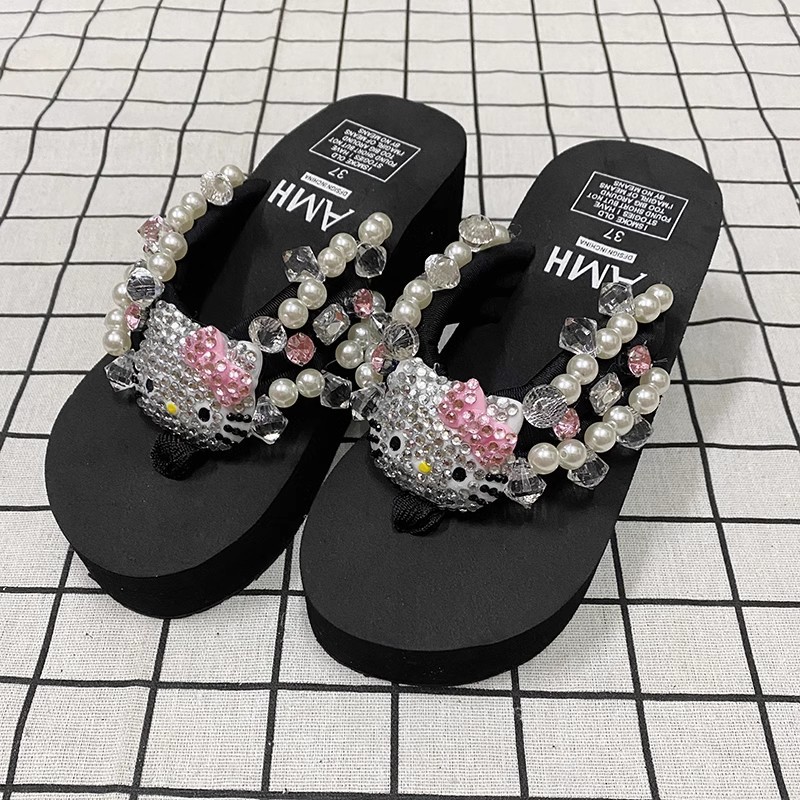 Damen Plattform Flip Flops Mit Strass Und Kitten Motiv_voghion.com
