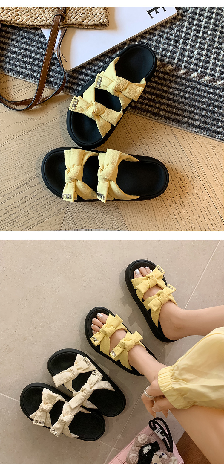 Dép sandal nữ quai chữ V đế dày nơ bướm phong cách bánh mì mềm mại — Màu trắng be, Màu vàng chi tiết 13