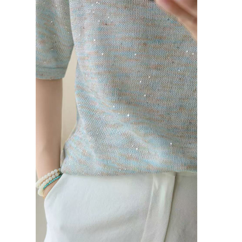 夏の新作ドット柄「星空シャツ」～ハーバライフリネンビーズ糸ニットボトムラウンドネック半袖Tシャツ女性用|undefined