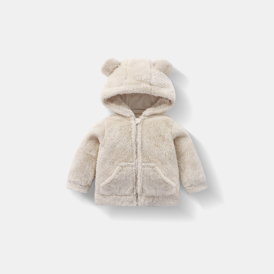 Children's Autumn and Winter Cute Plush Hooded Jacket Fleece-Lined Thickeneded Warm Baby Zipper Furry Top for Men and Women