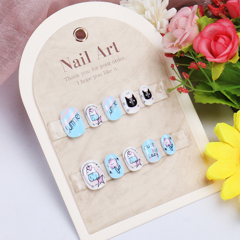 Children wear nail short round cartoon kitten nail patch 24 removable cute girls fake nails wholesale Children wear nail short round cartoon kitten nail patch 24 removable cute girls fake nails wholesale