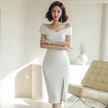 跨境开叉连衣裙2023夏季新款韩版性感修身一字领露肩包臀铅笔裙女