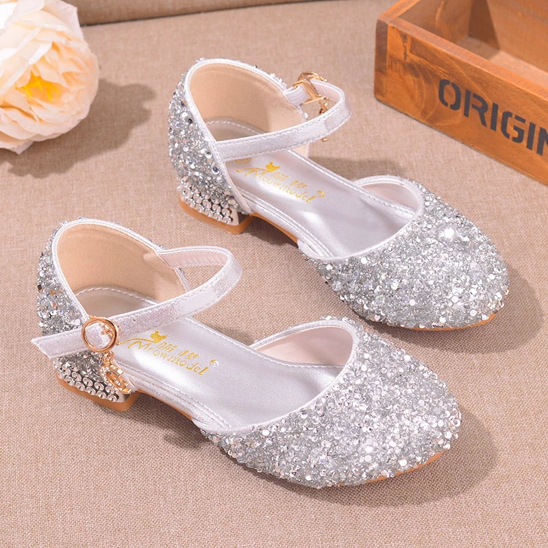 Новые детские туфли со стразами на высоком каблуке для начальной школы, сценическая обувь, Подиумные туфли с кристаллами, туфли принцессы для девочек
