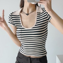 2022夏季新款时尚纯欲U领性感辣妹翻领 上衣短袖百搭条纹打底衫女