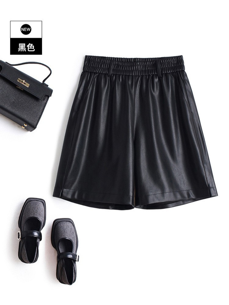 海寧本革ショートパンツ レディース 2025秋冬 羊革パンツ ハイウエスト ワイドレッグ 細見え ブーツパンツ 脚長効果