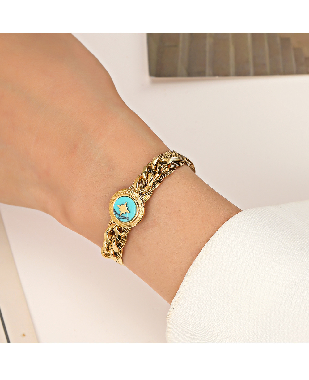 Fashion Geometric Stainless Steel Gold Plated Turquoise Bangle
