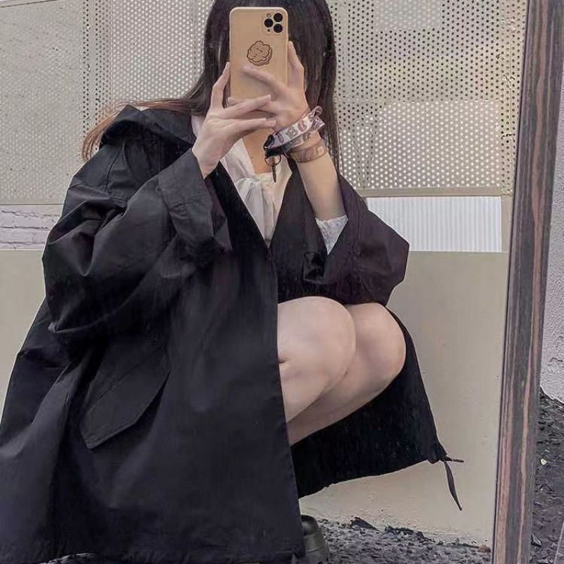 连帽风衣黑色外套女新款秋季女防晒宽松显瘦百搭原宿风|undefined