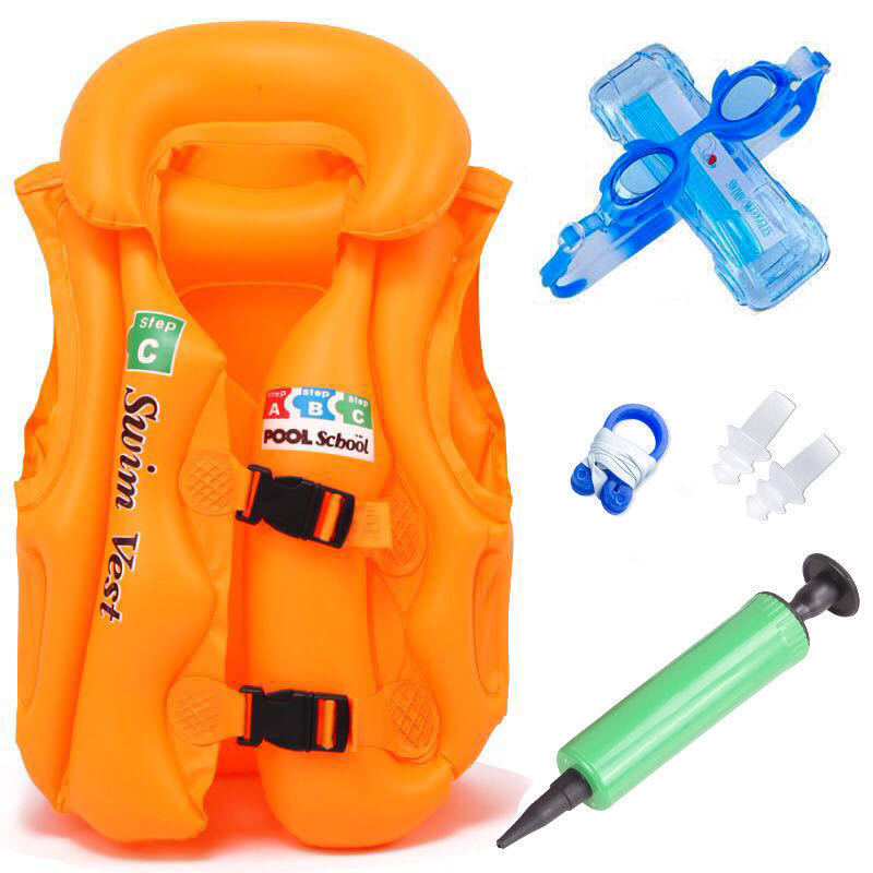 **주황색 구명조끼 + 수영고글 + 노즈클립 + 귀마개 + 펌프 - S 사이즈 5-12.5kg **