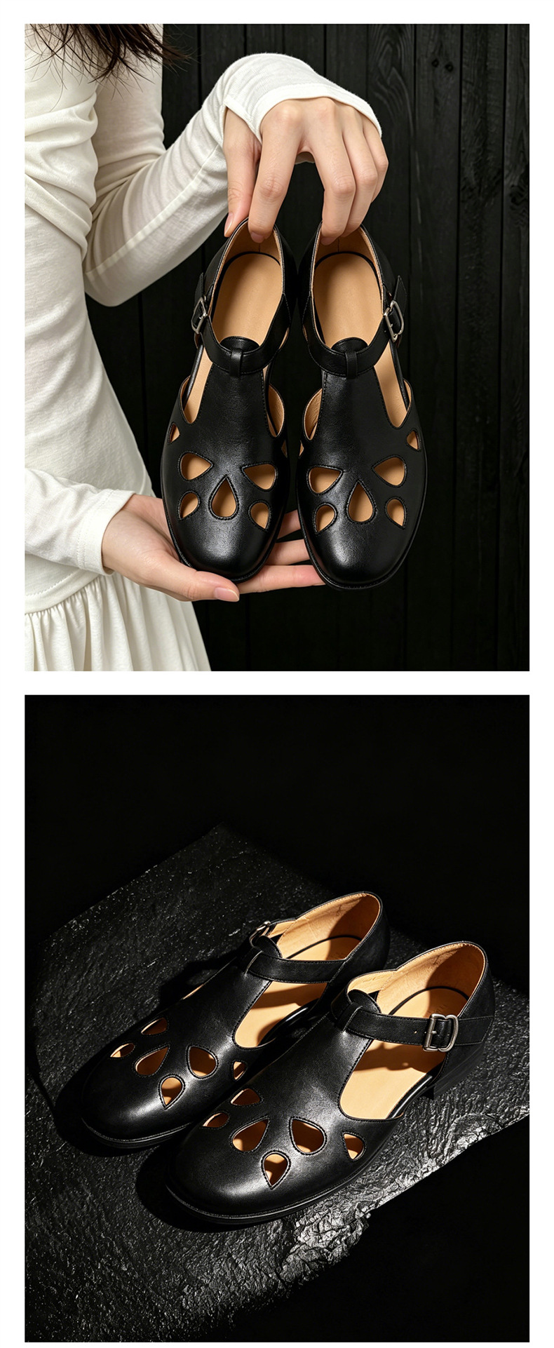 Sandal nữ da bò đục lỗ quai chữ T cổ điển, mũi kín gót bệt — màu nâu chi tiết 15