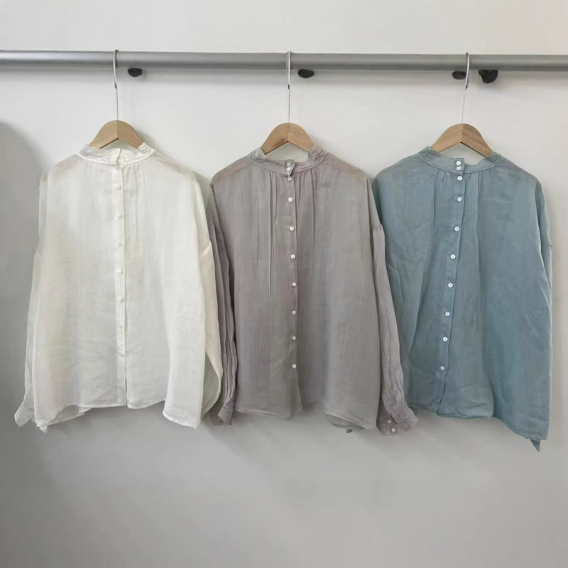 26 Spring/Summer Ramie Lace Back-Opening Shell Button Artistic Simple Solid Color Mori Girl Retro Top for Women 26 Spring/Summer Ramie Lace Back-Opening Shell Button Artistic Simple Solid Color Mori Girl Retro Top for Women