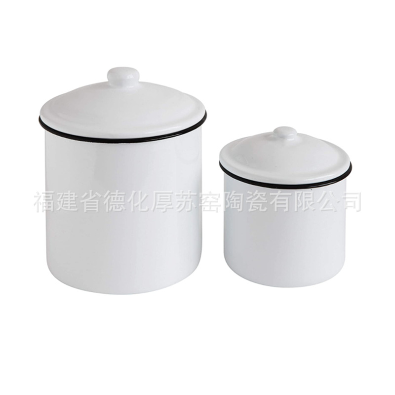 热销仿搪瓷厨房密封罐套二出口 外贸仿搪瓷陶瓷质厨房储存罐白色