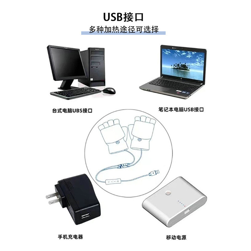 冬季usb电加热手套跨境半指发热手套可拆洗翻盖针织加热保暖手套|undefined