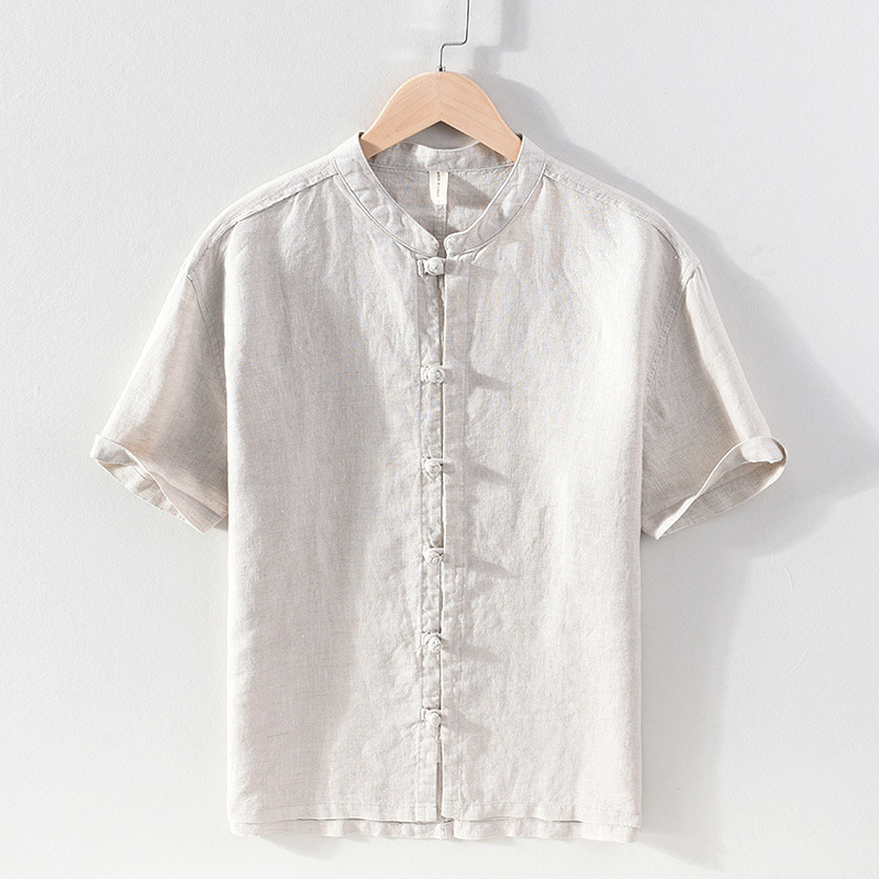 Summer New Chinese Linen Retro Button Up Shirt Casual Youth Stand up Collar 3/4 Sleeve Summer Linen Shirt_voghion.com