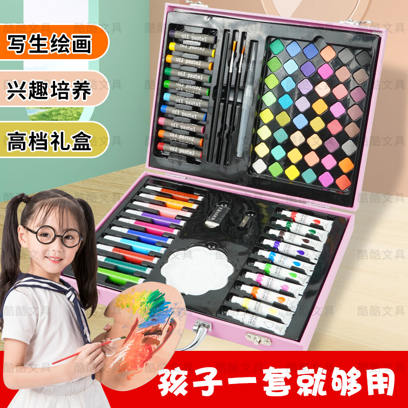 145 Animal World caja de regalo de doble capa para niños dibujo conjunto de herramientas de dibujo pincel herramientas de pincel de color para estudiantes de primaria