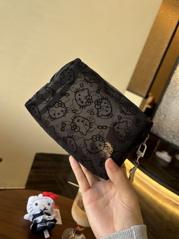 &⇞简约可爱黑色网纱kitty化妆包便携大容量收纳包手拿补妆包耐脏|undefined
