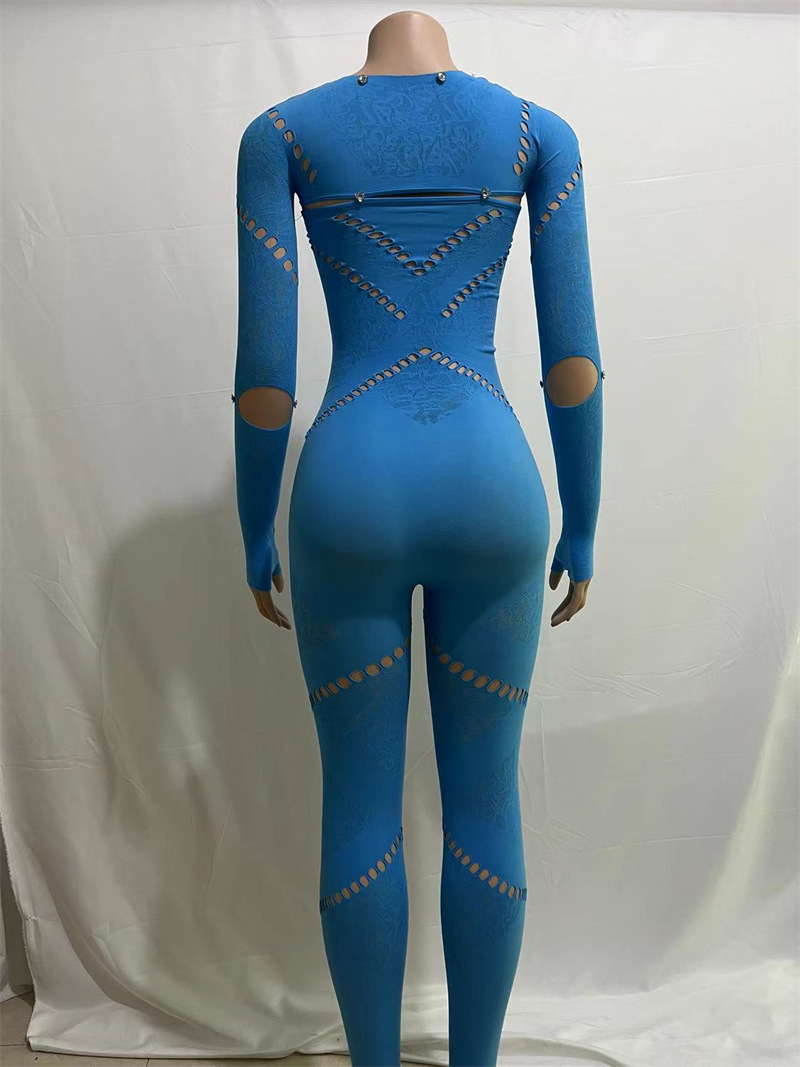 Women Autumn Solid Color round Neck Long Sleeve Hollow Out Cutout Jeweled Slim Fit Patchwork Sexy High Waist Jumpsuit