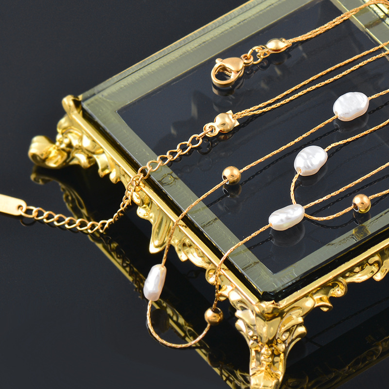 Fashion Geometric Titanium Steel Plating Artificial Pearls Layered Necklaces 1 Piece