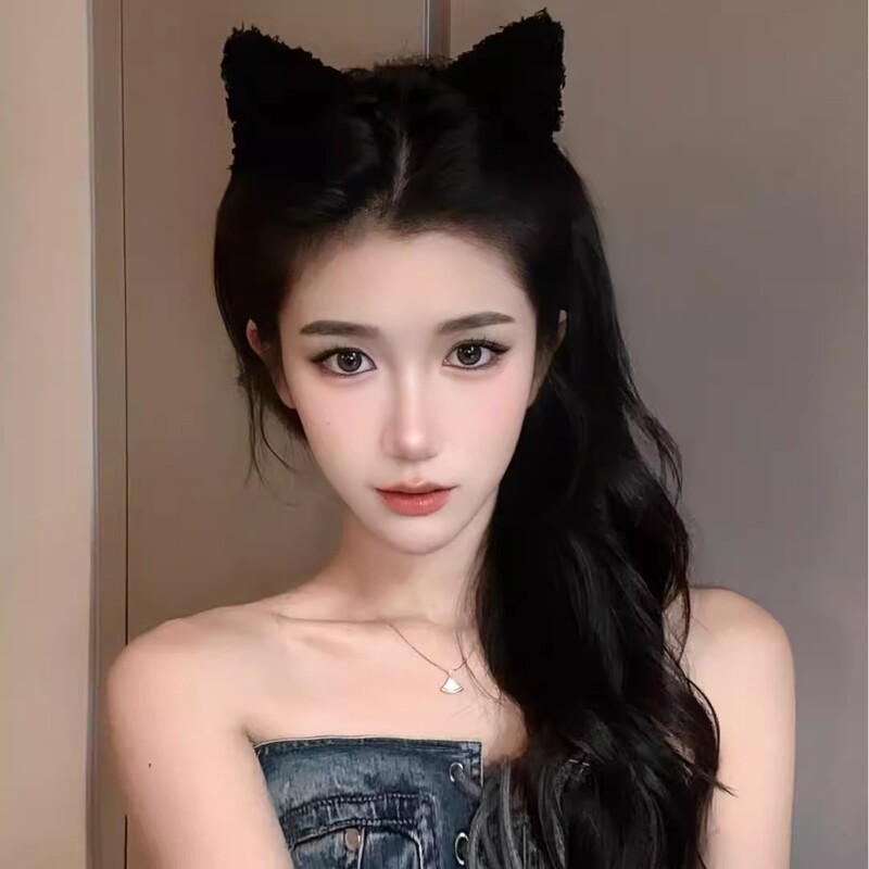黒のぬいぐるみの耳のカチューシャの女性のかわいい顔の髪のカチューシャの高級感の爆発的なクマの髪飾りハロウィーン|undefined