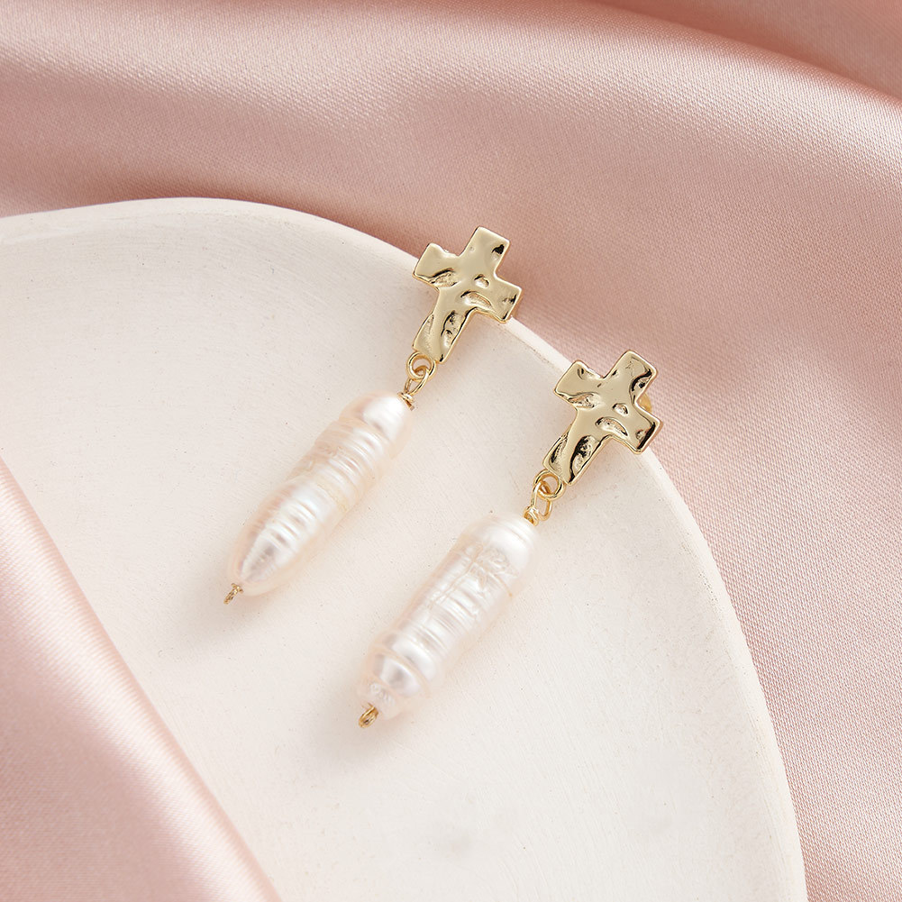 Stone-Free Inlay Material Strict Selection December New Distressed Cross New S925 Sterling Silver Baroque Strip Natural Pearl Earrings