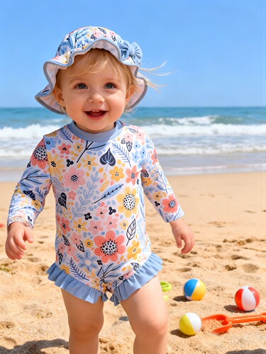 Cross-border baby girl children long-sleeved snap-on swimsuit one-piece with same series sunshade hat seaside vacation long-sleeved swimsuit women