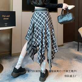 法式不规则拼接格子半身裙女2025春夏季高腰中长款A字裙子图片色