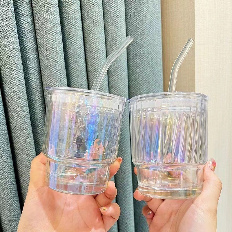 INS colorido taza de vidrio de bambú hembra de gran capacidad estudiante resistente al calor de alto aspecto con tapa hogar vidrio paja