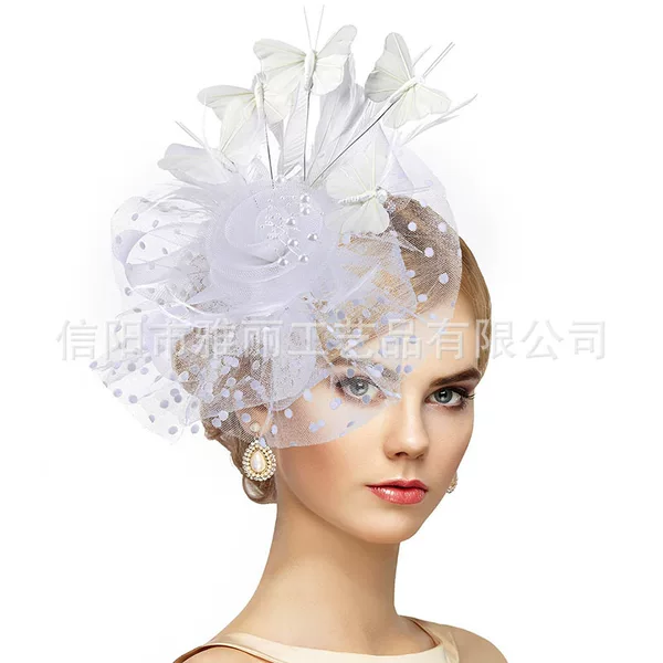 Amazon Feather Butterfly Mesh Headpiece Bridal Hair Accessory Vintage Headband Hair Ornament for Party Performance and Horse Racing Festival
