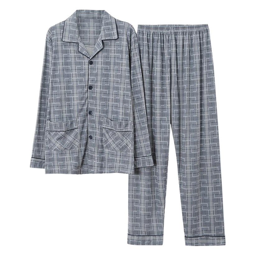 Pijamas de hombre de mediana edad y ancianos 100% algodón otoño pantalones de manga larga cardigan algodón de los hombres Otoño e Invierno traje de desgaste para el hogar