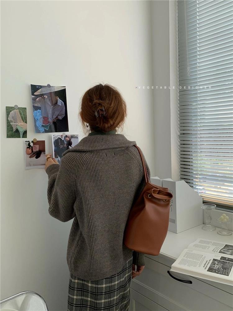 休闲拉链毛衣开衫女韩版宽松插肩袖立领针织衫慵懒简约纯色外套厚