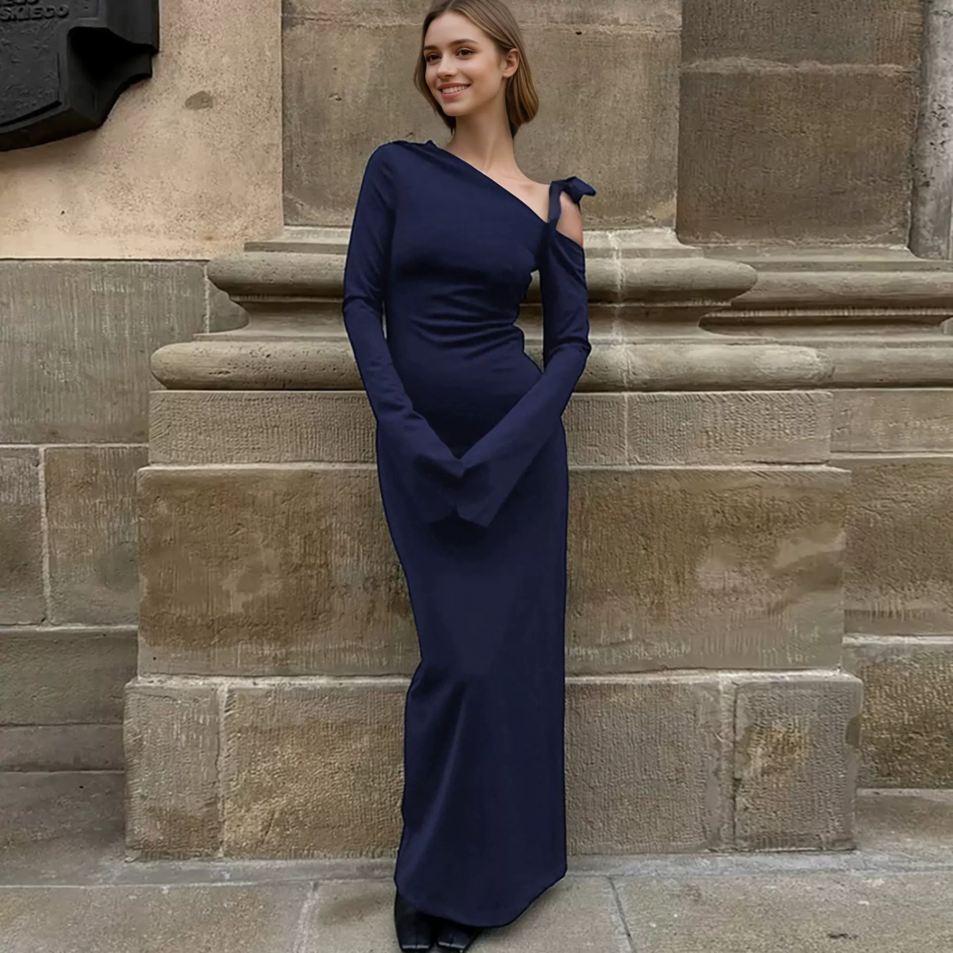 亚马逊速卖通春季气质通勤法式优雅斜领系带收腰长款连衣裙