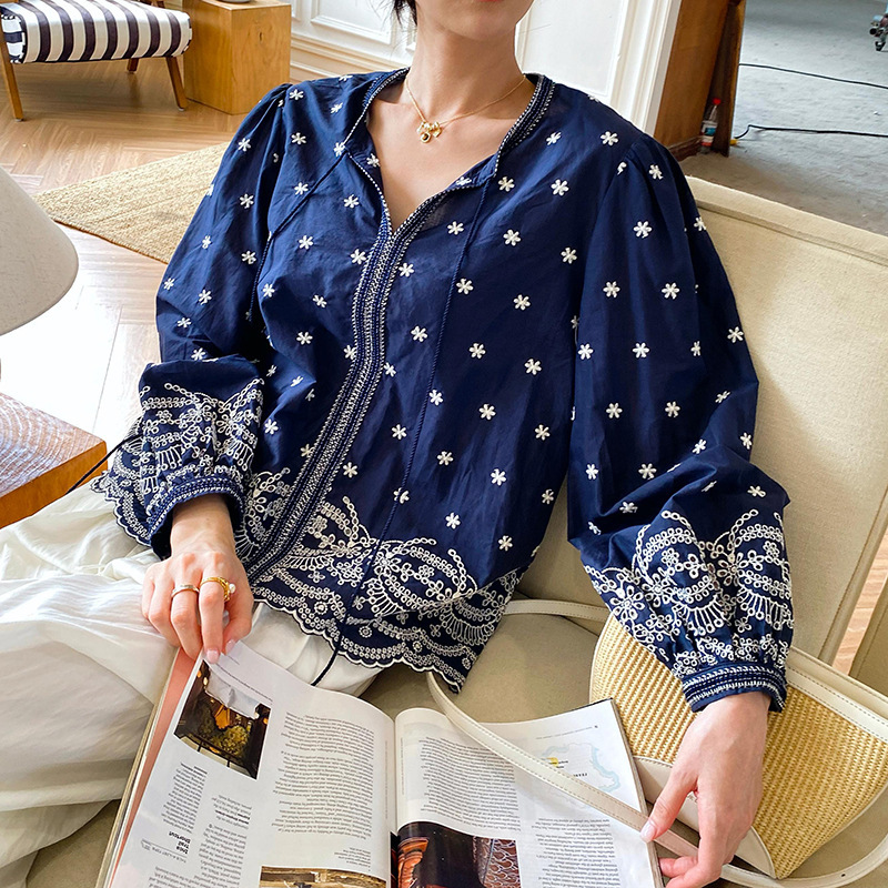 2026 Spring Shenzhen Nanyou Long-Sleeve French Style Women's Shirt Embroidered Artistic Top Women's Foreign Trade Cross-Border Women's Clothing