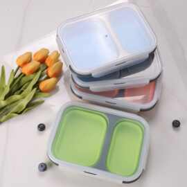 可折叠食品级硅胶便当盒学生饭盒耐高温便携密封盒双格餐盒保鲜盒