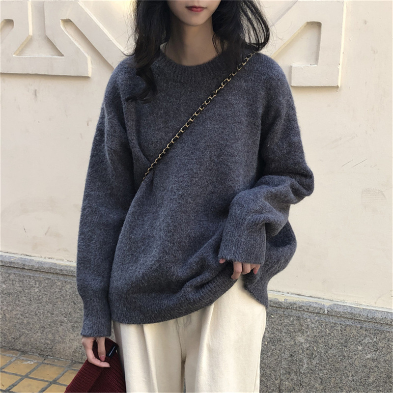Korean Style Casual Retro Pure Color Round Neck Pullover Knitwear for Women Autumn and Winter New Outer Wear Loose Hong Kong Style Knitwear Top Korean Style Casual Retro Pure Color Round Neck Pullover Knitwear for Women Autumn and Winter New Outer Wear Loose Hong Kong Style Knitwear Top