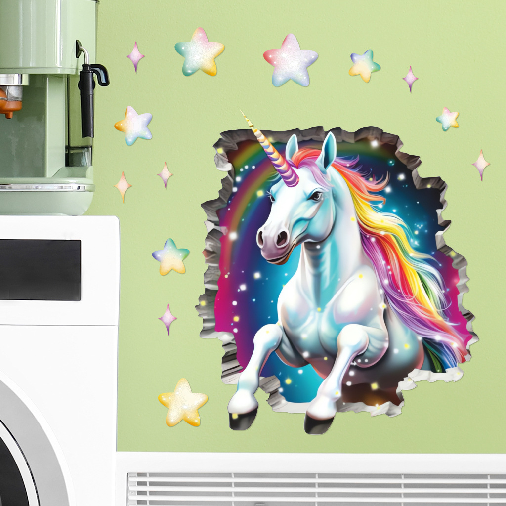 Cross-Border 3D Unicorn Breaking Wallpaper Bathroom Sticker Children's Room Background Wall_voghion.com