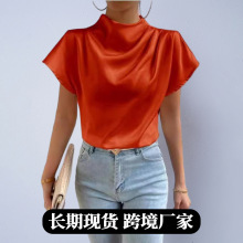 外贸欧美大牌女装色丁T恤 春秋季热卖圆领短袖左肩褶皱女式上衣