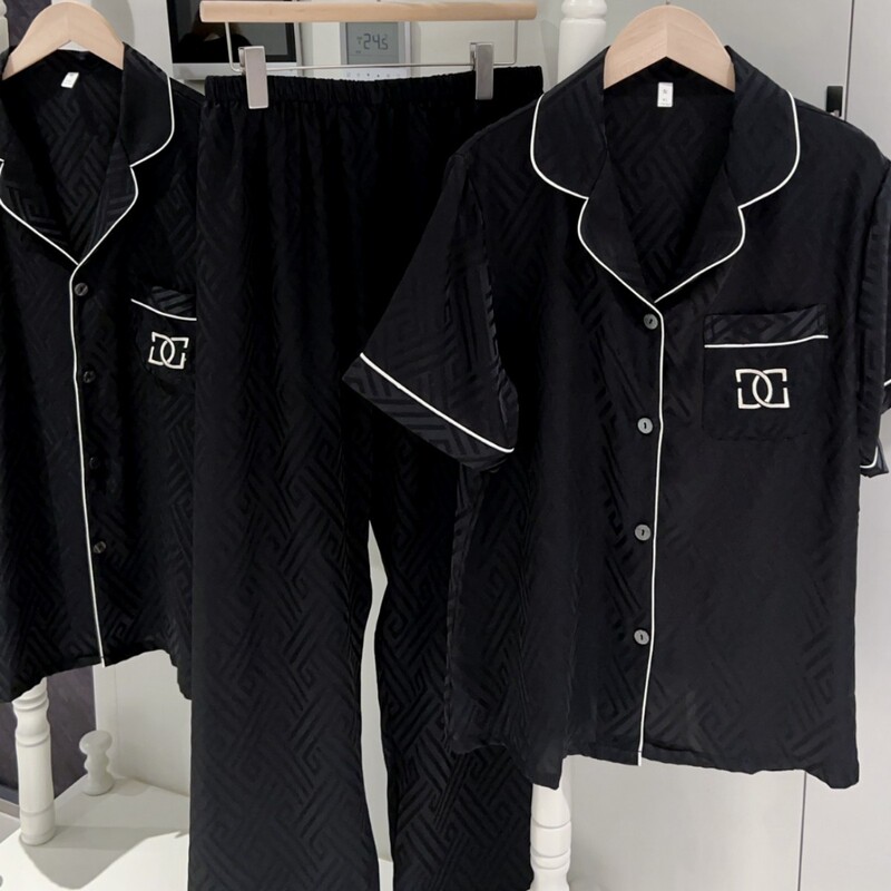 Couple High-End Runway Men's Ice Silk Jacquard Korean Design Short-Sleeve Long Pants Pajamas Loungewear