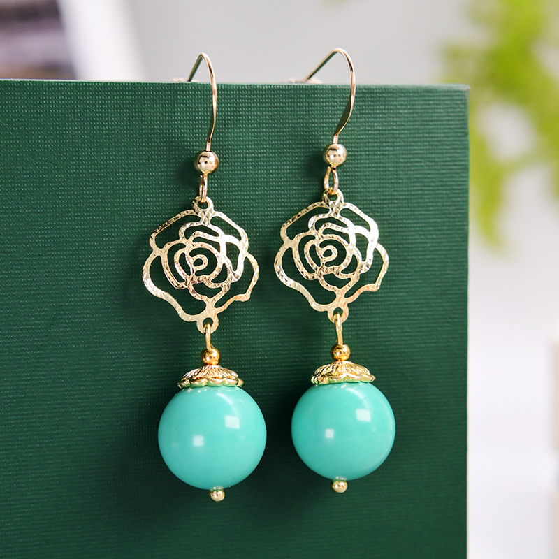 Turquoise fashionable earrings, 14 carat