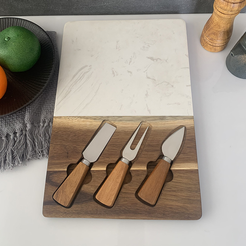 Tabla de queso de mármol con empalmes de madera de acacia, juego de cuchillos para queso con mango, juego de queso de cuatro piezas, cuchillo para pizza, tabla de cortar. image 2