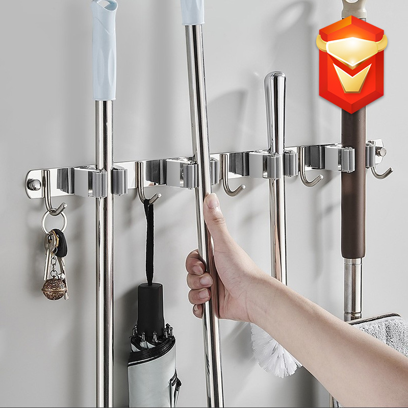 304 Hole-free Mop Hook Powerful Broom Card Holder Row Hook Wall-hung Toilet Mop Hanger Hanger Shelf
