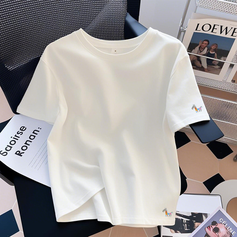 European-Style White Pure Cotton Designer Short-Sleeve T-Shirt for Women, 2026 Summer New Trendy Loose Versatile Top
