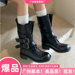 复古骑士靴皮带扣战损靴2025秋天新款美拉德西部牛仔短靴子马丁靴